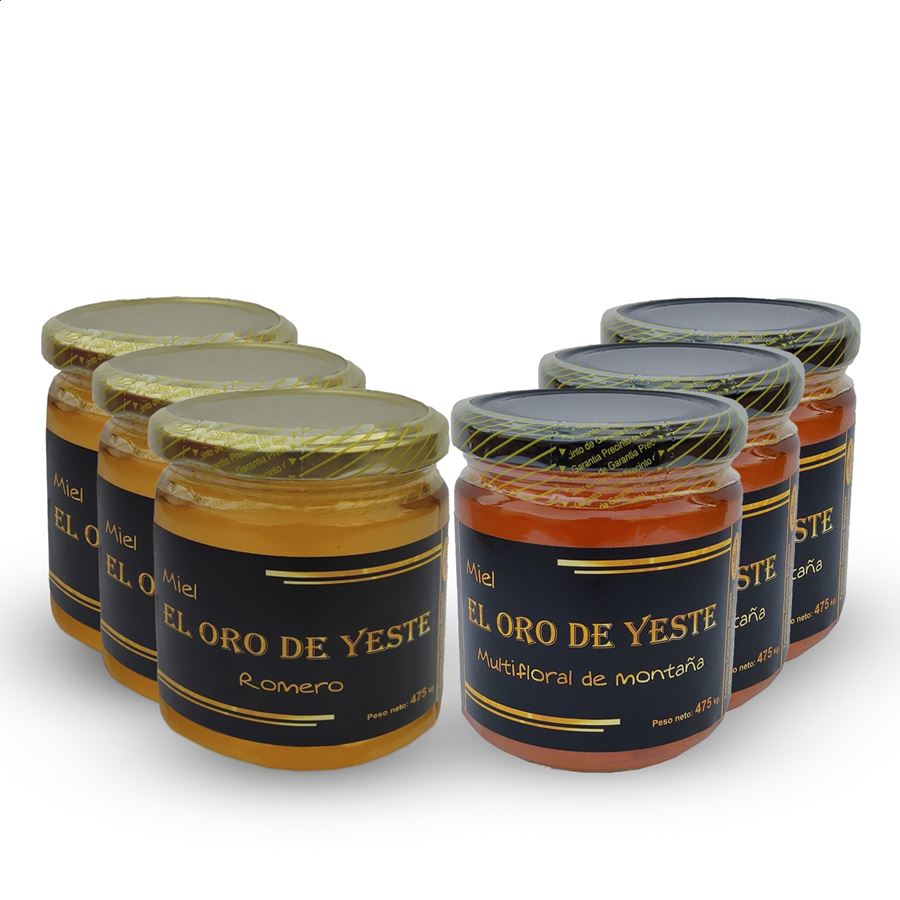 El Oro de Yeste - Lote de miel de romero y montaña 475g, 6uds