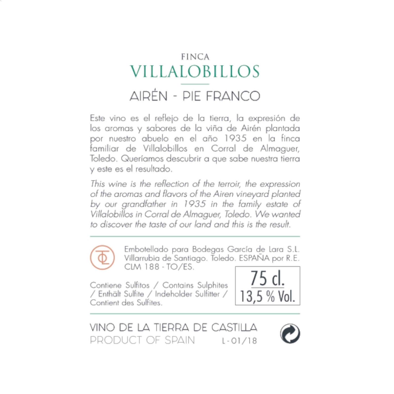 Finca Villalobillos Airén Pie Franco - Vino blanco joven IGP Vino de la Tierra de Castilla 75cl, 3uds