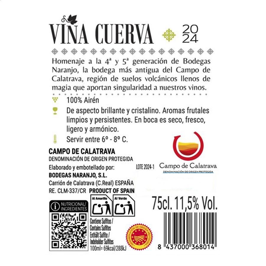 Bodegas Naranjo - Viña Cuerva vino blanco Airén IGP Tierra de Castilla del Campo de Calatrava 75cl, 6uds