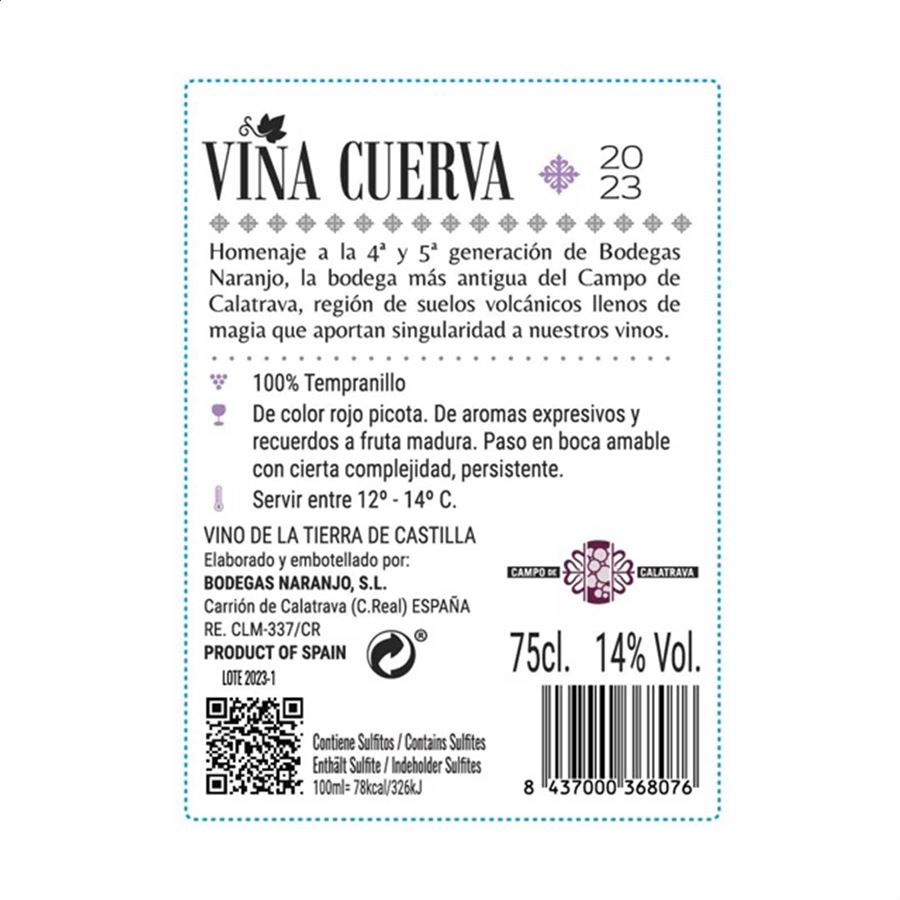 Bodegas Naranjo - Viña Cuerva vino tinto joven IGP Tierra de Castilla del Campo de Calatrava 75cl, 6uds