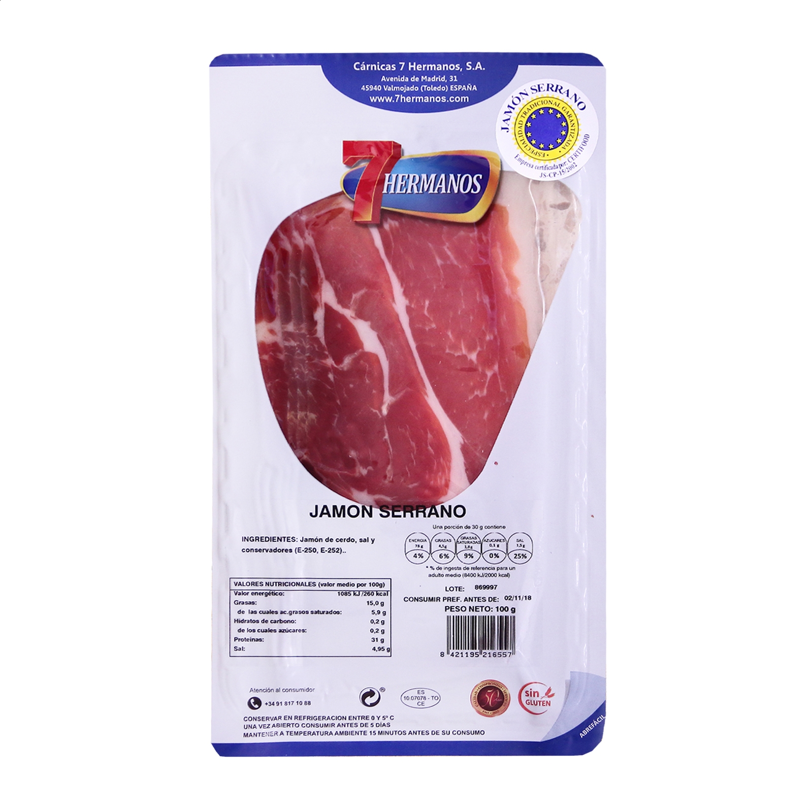 7 Hermanos - Loncheado reserva ETG Jamón Serrano 100g, 18uds