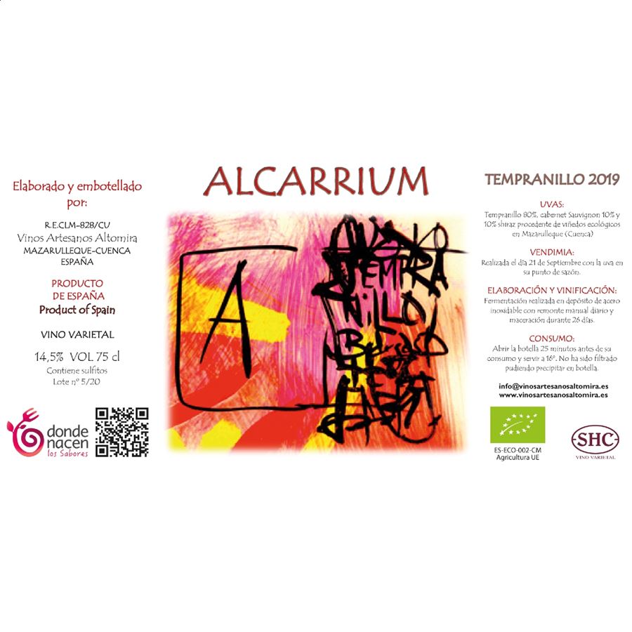 Vinos Altomira - Vino tinto ecológico Alcarrium Tempranillo 75cl, 6uds
