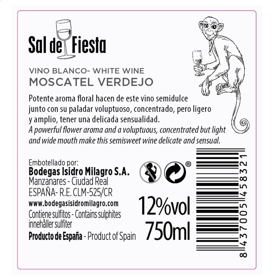 Bodegas Isidro Milagro - Vino ecológico sal de fiesta la mona moscatel verdejo 75cl, 6uds