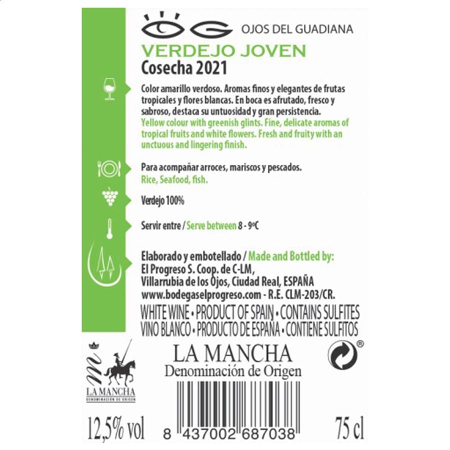 Bodegas El Progreso - Ojos del Guadiana Verdejo vino blanco D.O.P. La Mancha 75cl, 3uds