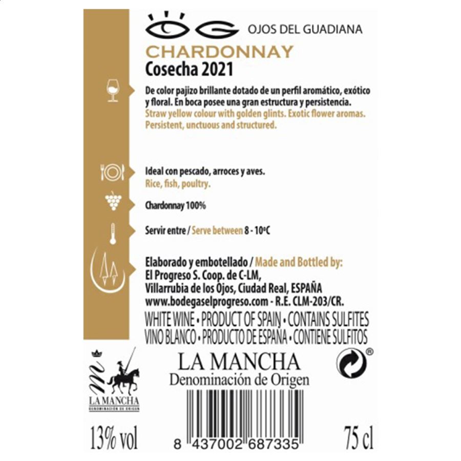 Bodegas El Progreso - Ojos del Guadiana Chardonnay vino blanco D.O.P. La Mancha 75cl, 3uds