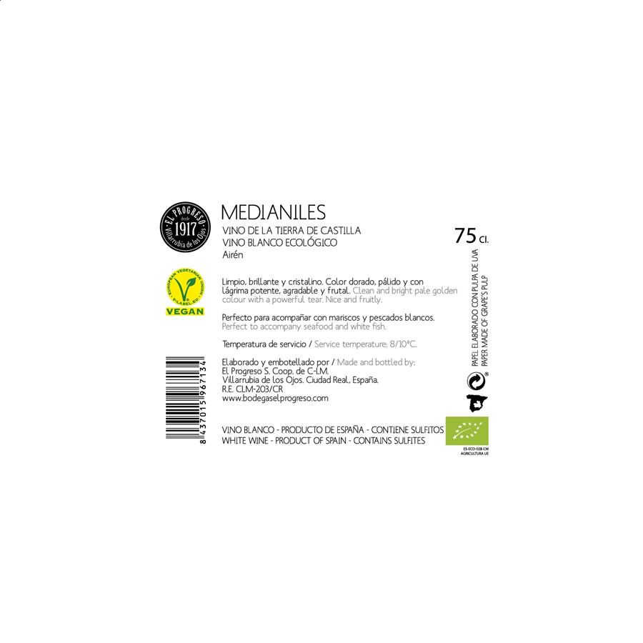 Bodegas El Progreso - Medianiles Airén Ecológico vino blanco IGP Vino de la Tierra de Castilla 75cl, 6uds