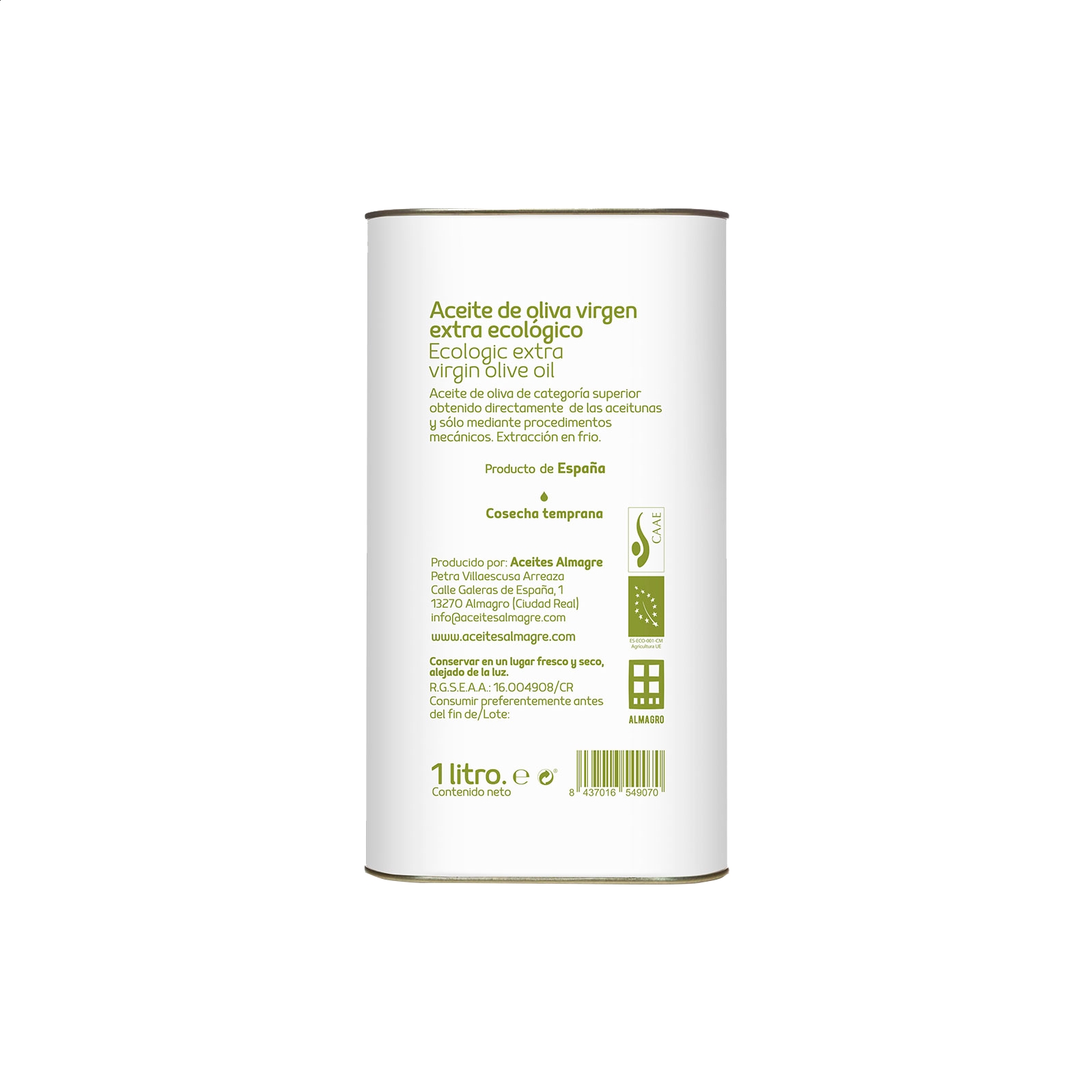 Almagre - AOVE Picual Ecológico Almagre lata blanca 1L, 6uds