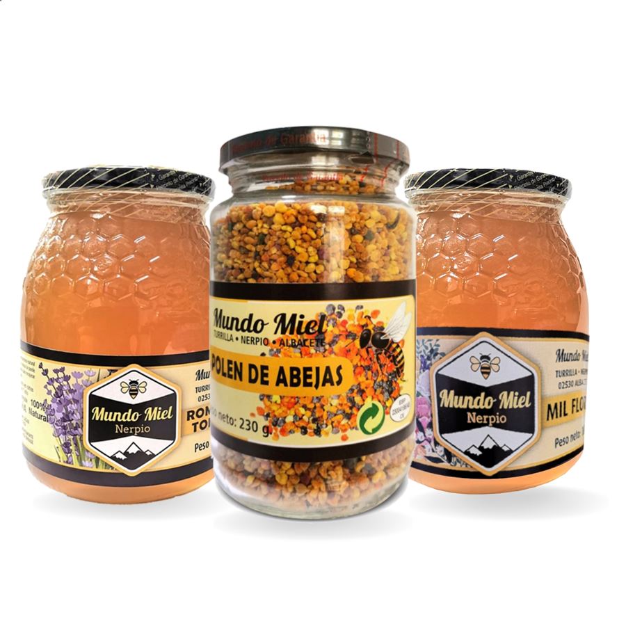 Nueces de Nerpio – Lote de miel de 1Kg y polen de 230g, 3uds