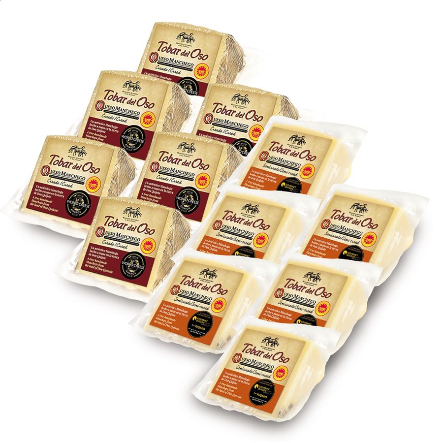 Tobar del Oso - Lote de queso semicurado y curado de leche pasteurizada D.O.P. Queso Manchego cuñas de 250g, 12uds