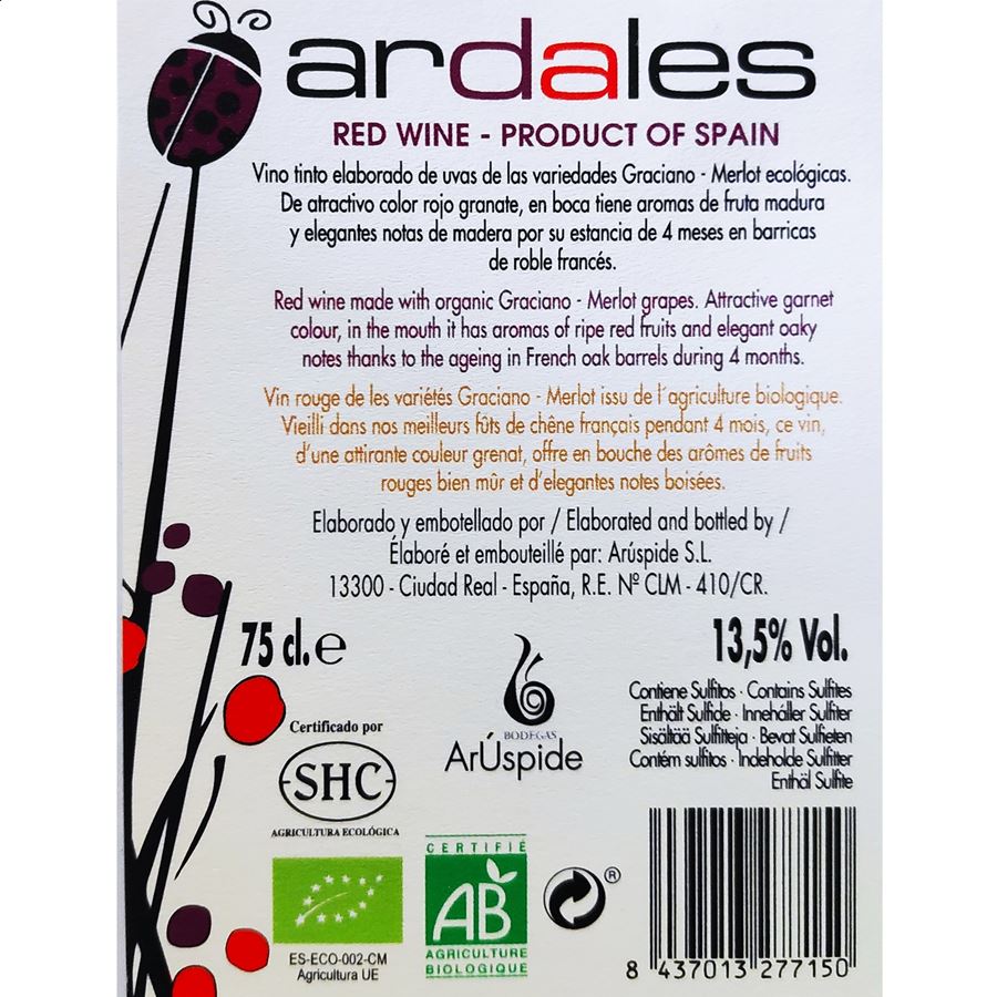 Arúspide Bodegas - Ardales Graciano-Merlot ecológico IGP Vino de la Tierra de Castilla 75cl, 6uds