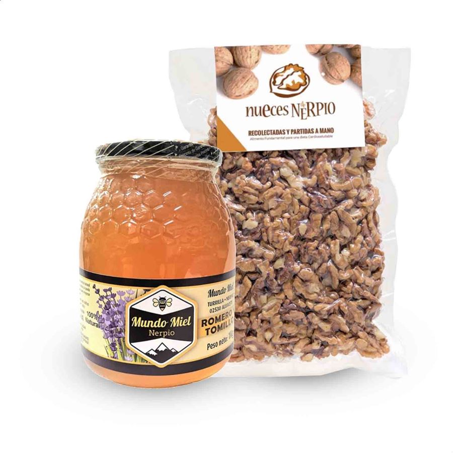 Nueces de Nerpio – Lote de miel de romero y tomillo y nuez pelada mixta 2uds