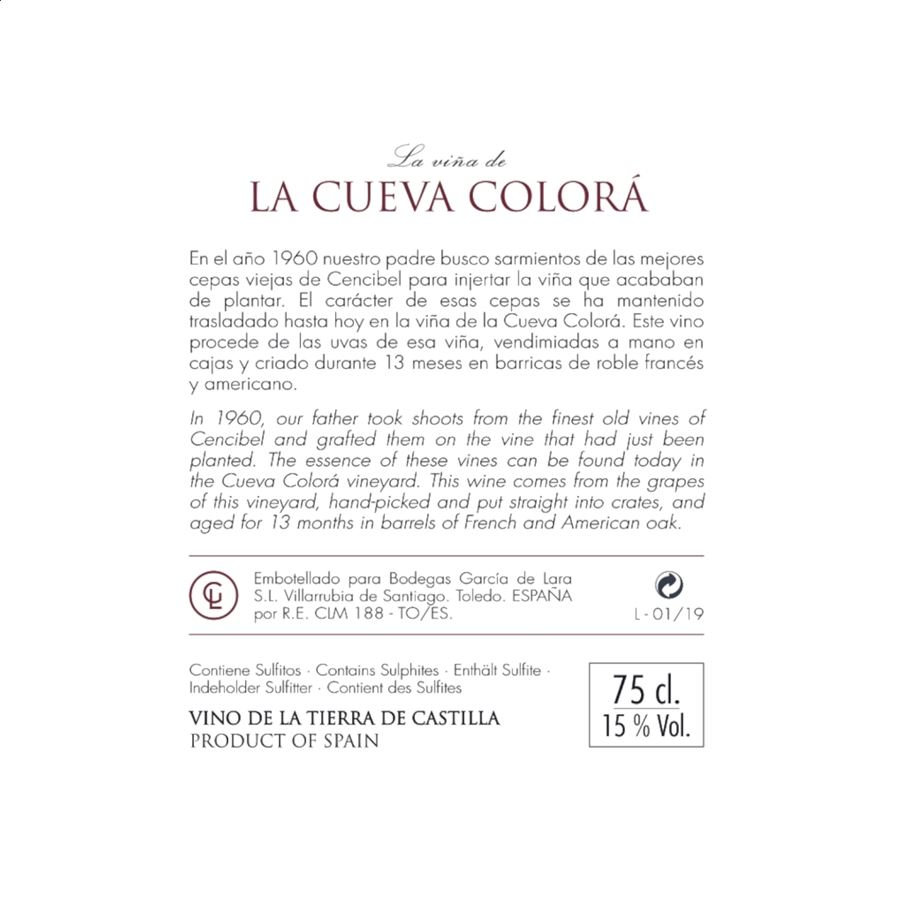 La Viña de la Cueva Colorá - Vino tinto Roble IGP Vino de la Tierra de Castilla 75cl, 3uds