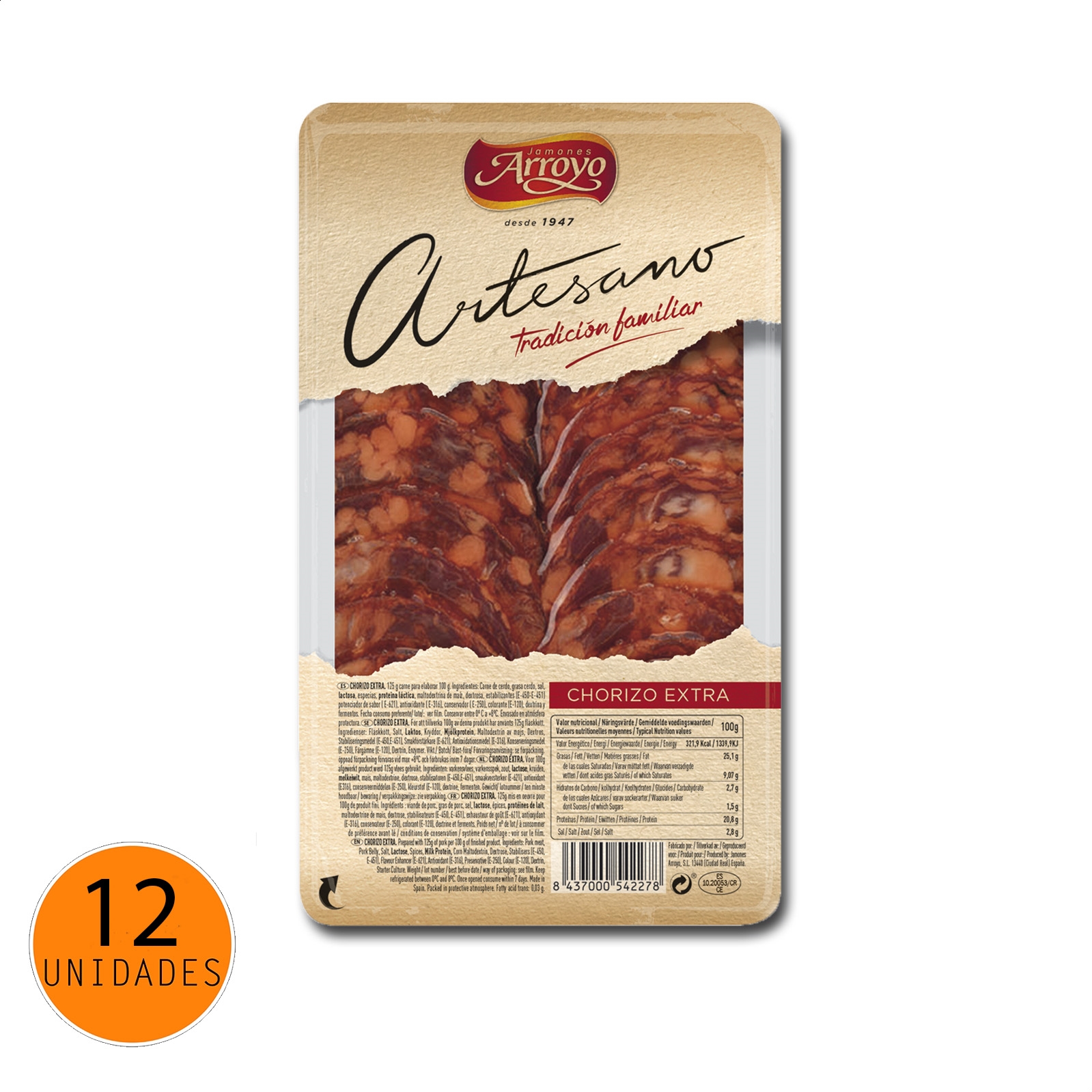 Arroyo - Loncheado de chorizo extra Artesano 70g, 12uds