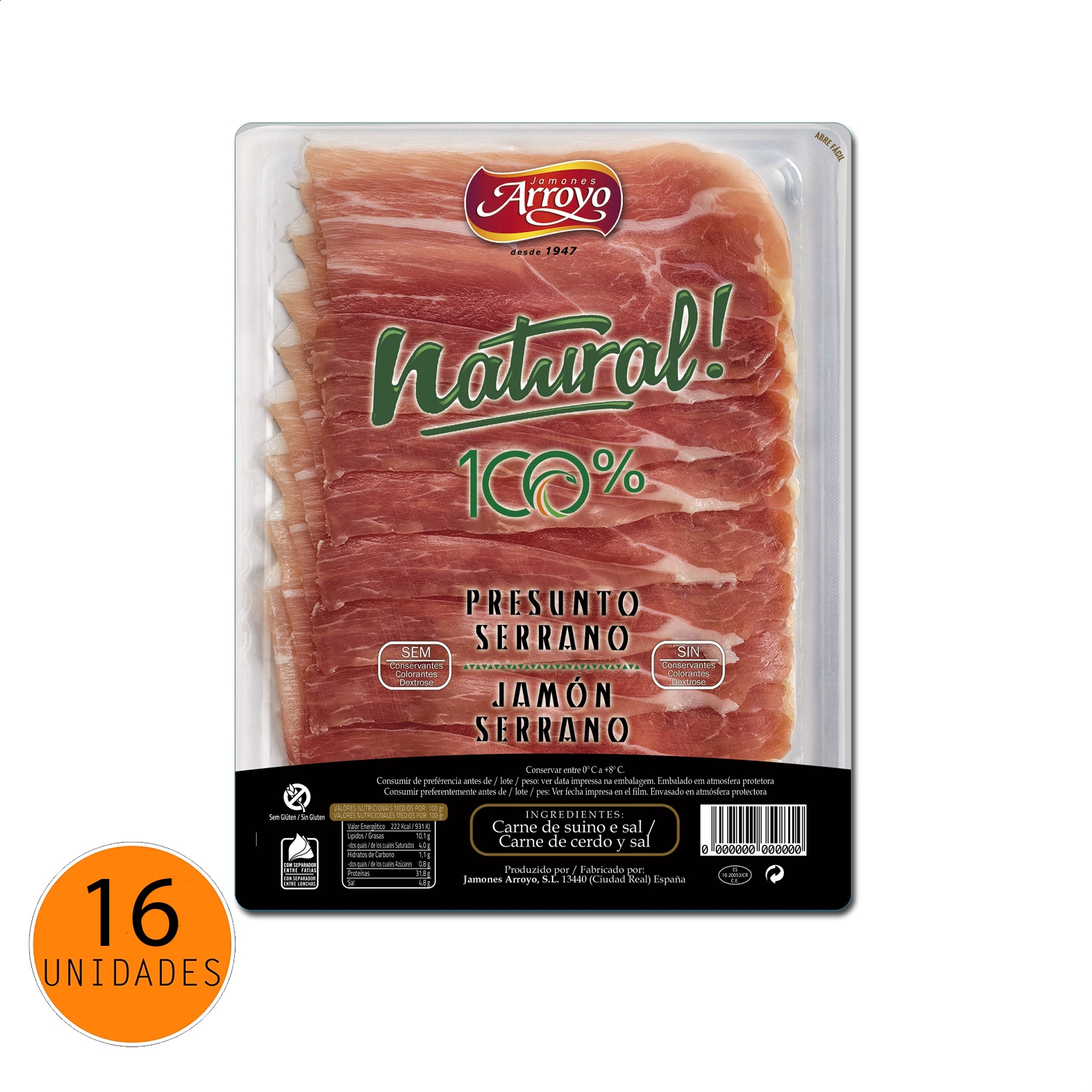 Arroyo - Loncheado de jamón 100% Natural ETG Jamón Serrano 150g, 16uds