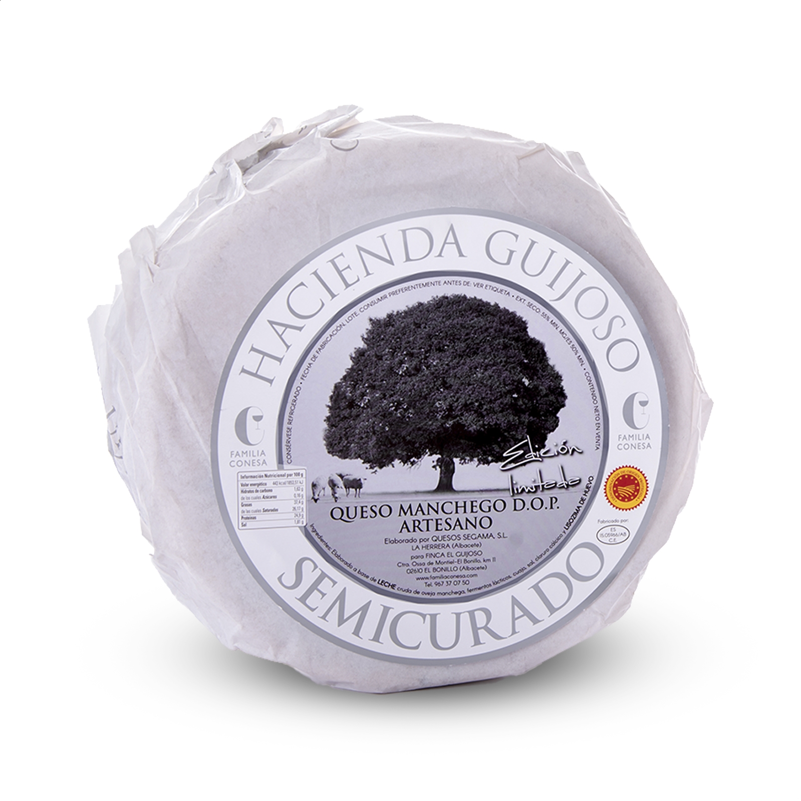 Bodegas Familia Conesa - Hacienda Guijoso queso semicurado de leche cruda D.O.P. Queso Manchego 3Kg, 1ud