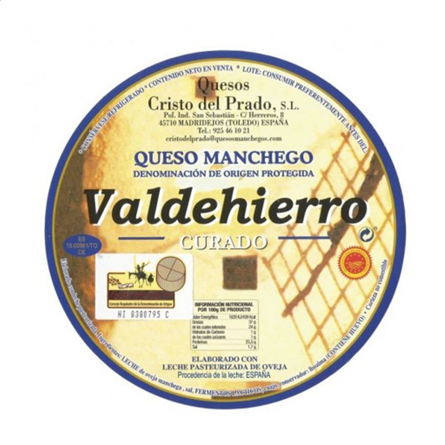 Quesos Cristo del Prado - Valdehierro curado de leche pasteurizada D.O.P. Queso Manchego 3,1Kg aprox, 1ud