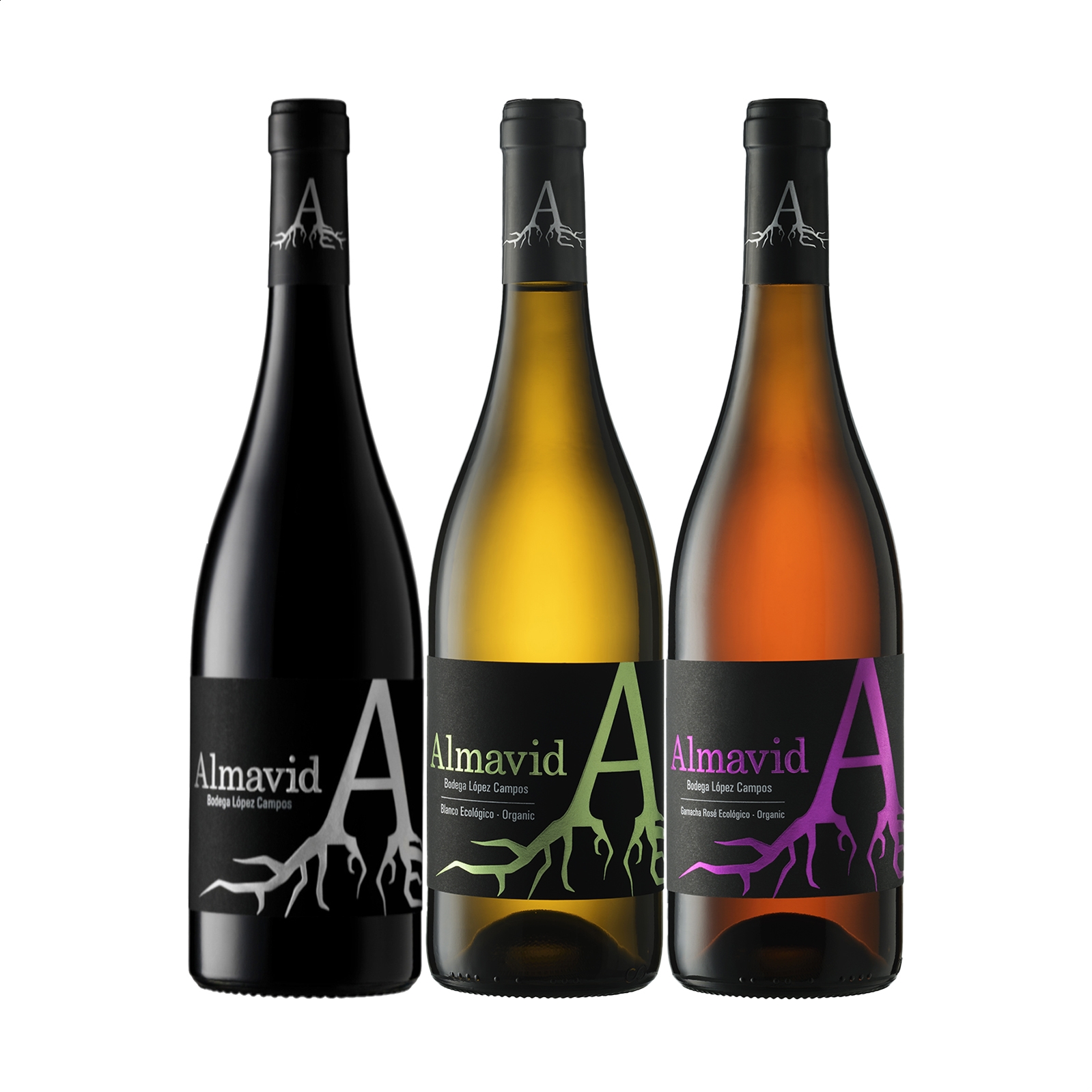 Almavid - Trio ecológico de vino tinto Garnacha roble, rosé y blanco 75cl, 3uds