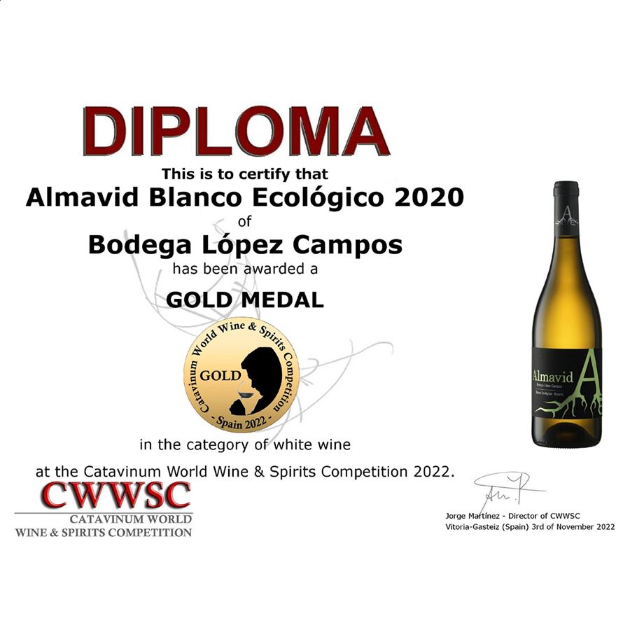 Almavid - Vino blanco 2020 ecológico 75cl, 3uds