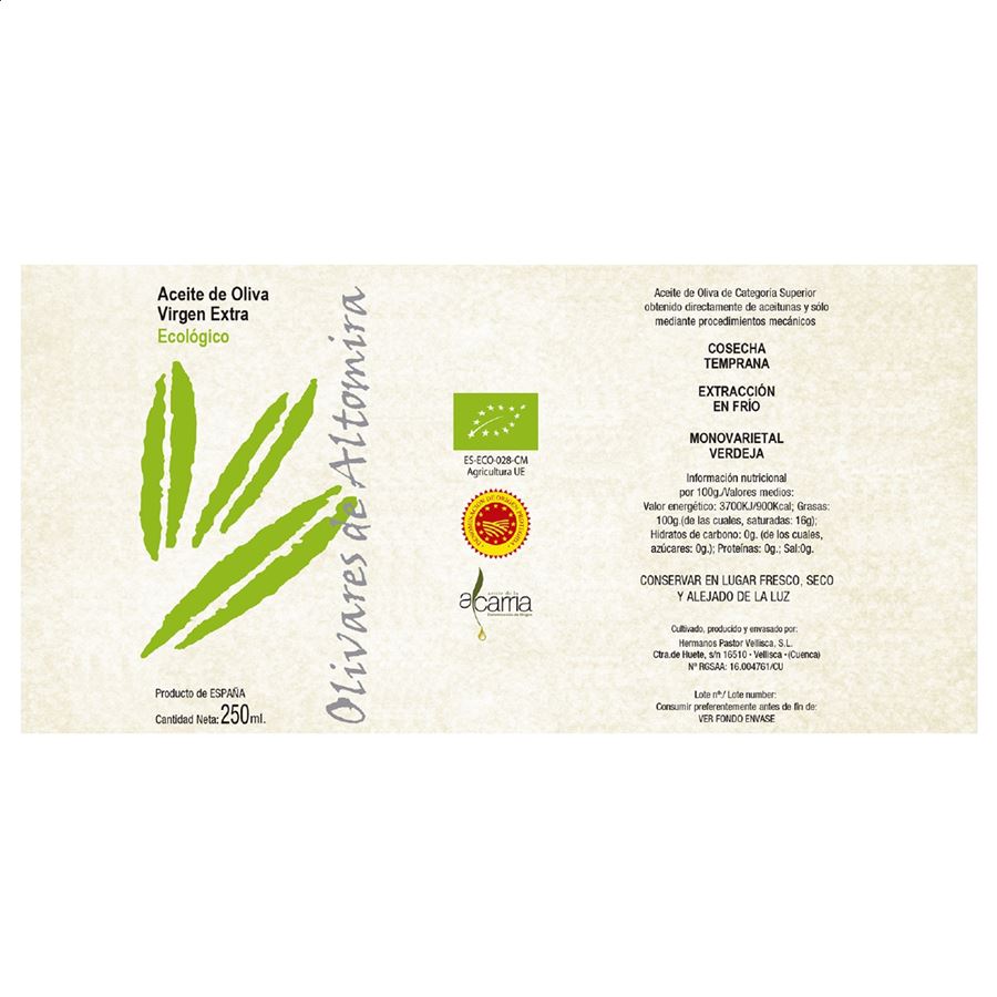 Olivares de Altomira - AOVE Verdeja temprano ecológico D.O.P. Aceite de la Alcarria lata de 250ml, 48uds