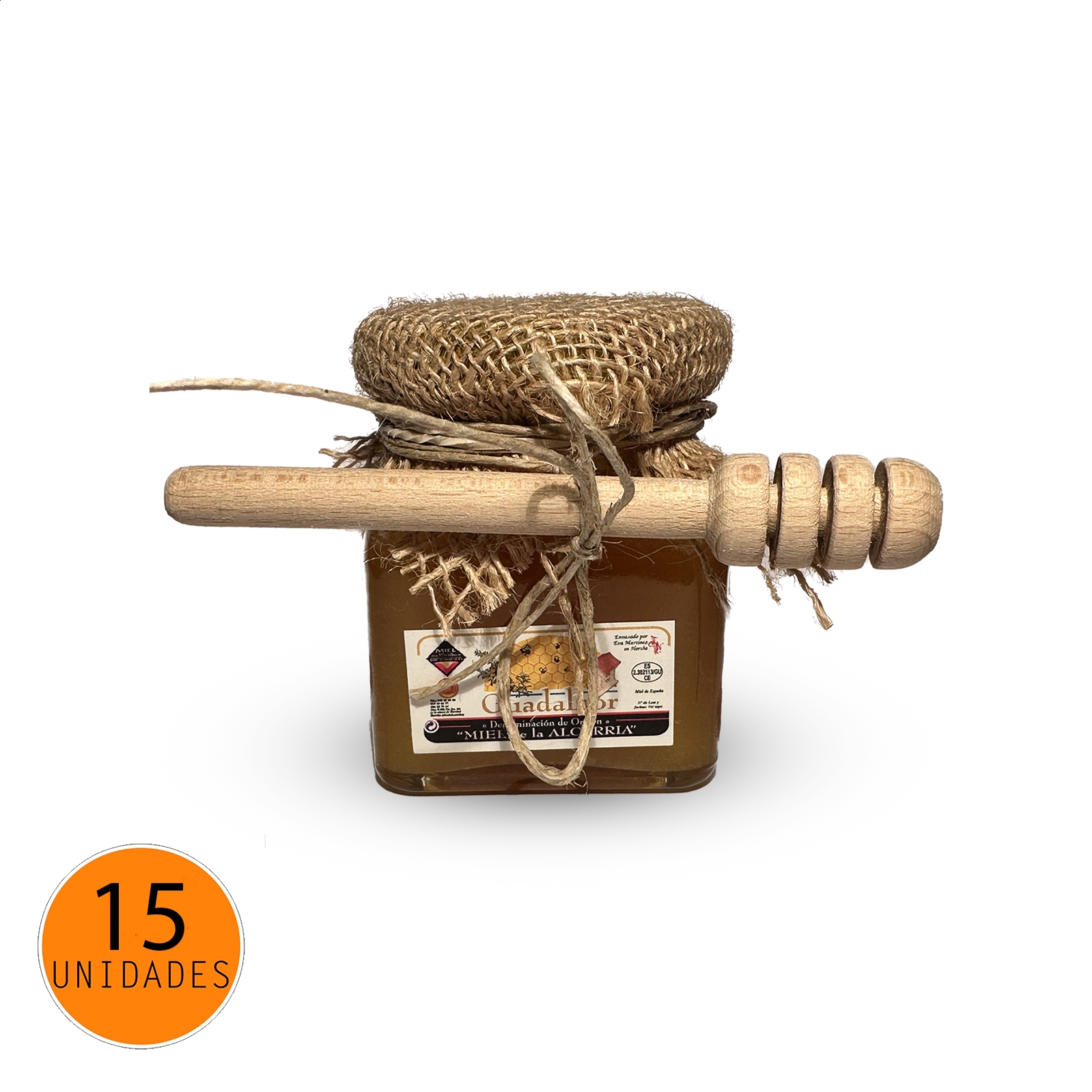 La Ciudad de la Miel - Lote de miel variado en frasco cuadrado con tela + catador D.O.P. Miel de La Alcarria 125gr, 15uds