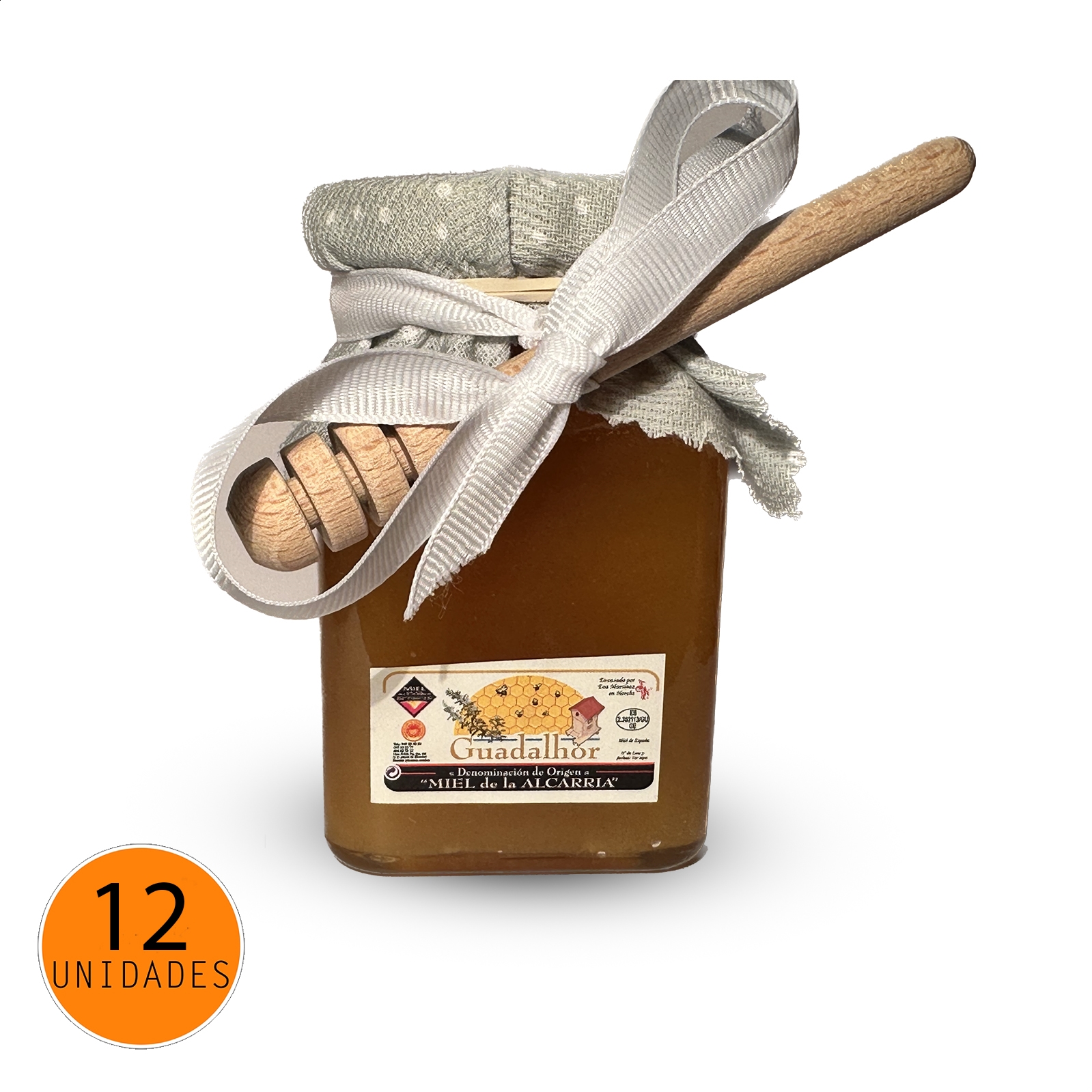 La Ciudad de la Miel - Lote de miel variado en frasco rectangular con tela + catador D.O.P. Miel de La Alcarria 250gr, 12uds