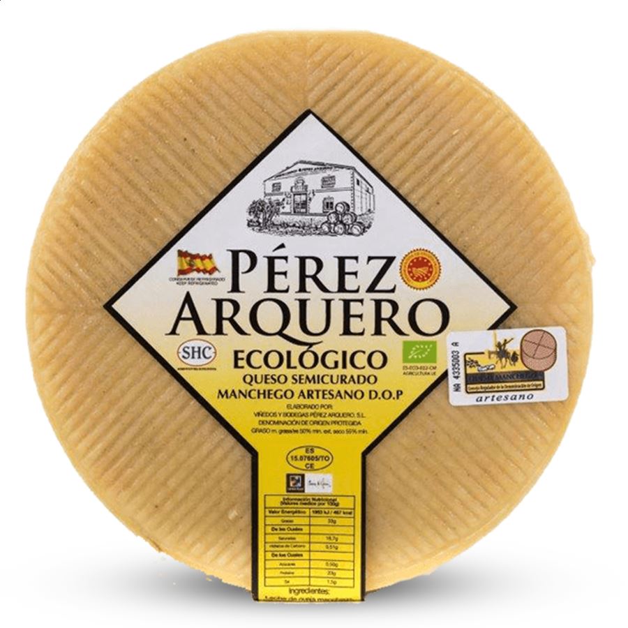 Bodegas Pérez Arquero - Queso manchego ecológico semicurado de leche cruda D.O.P Queso Manchego 3Kg, 1ud