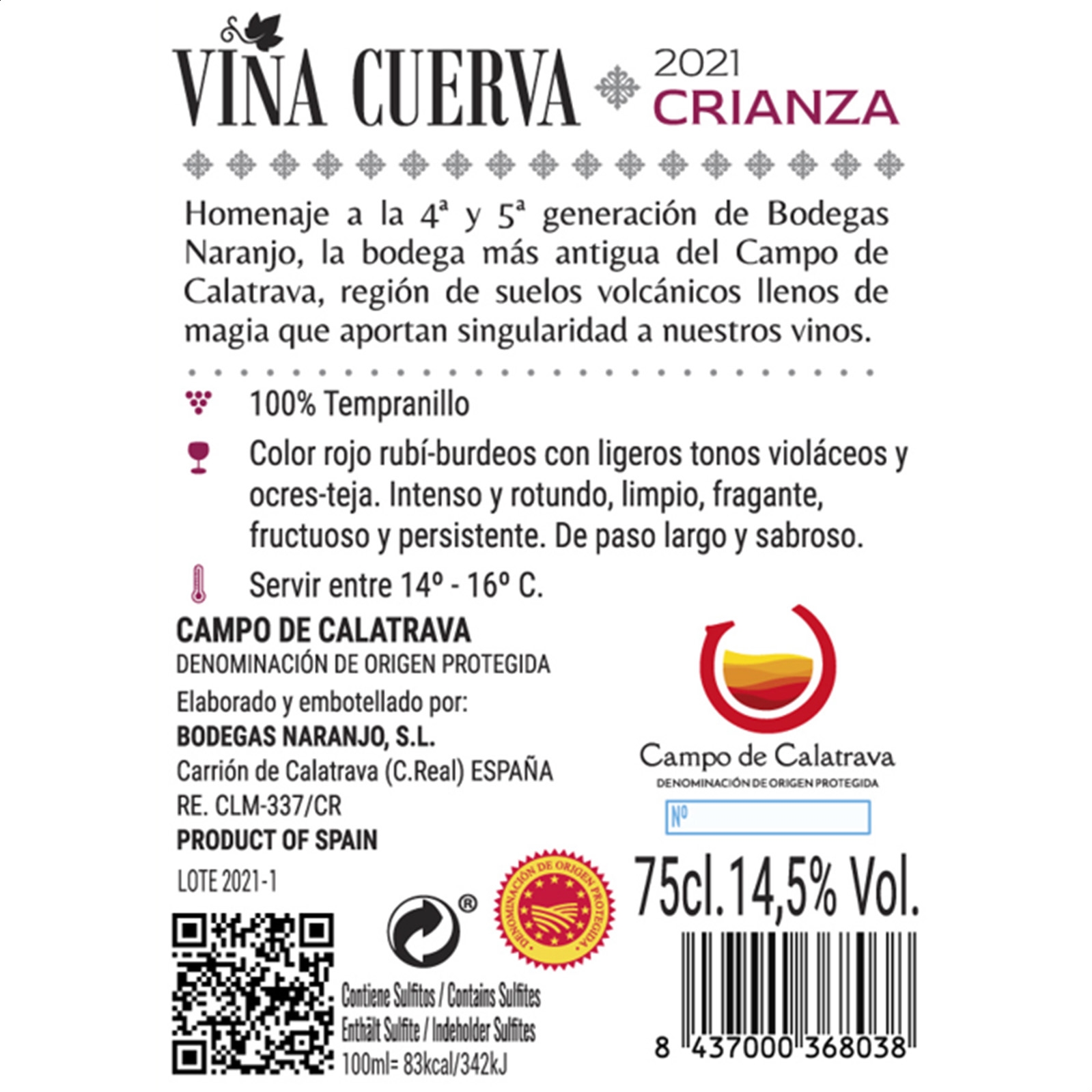 Bodegas Naranjo - Viña Cuerva vino tinto crianza D.O.P. Campo de Calatrava 75cl, 6uds